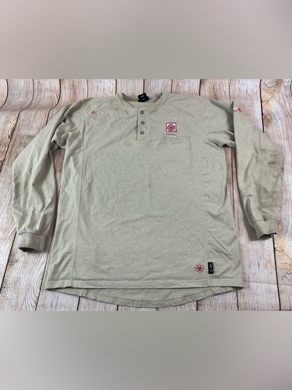 Mens Ariat FR Shirt Tan Henley Long Sleeve Work Flame Resistant CAT 2 Size Large